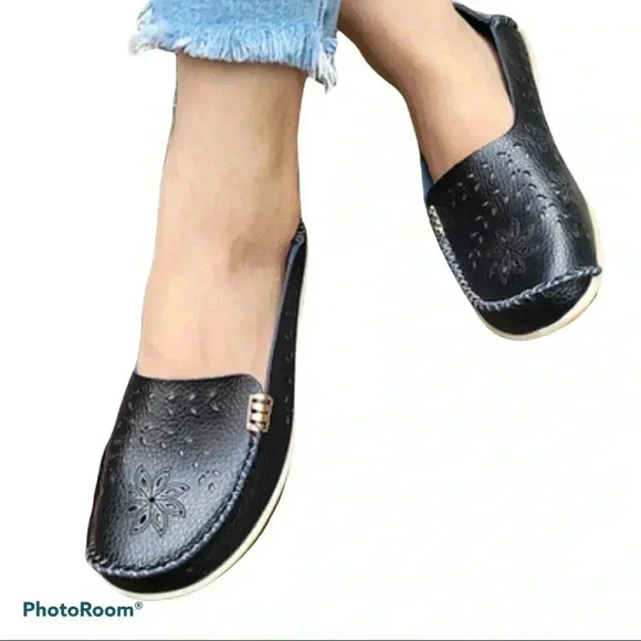 Black Floral Cut Out Loafers - Picture 1 of 10
